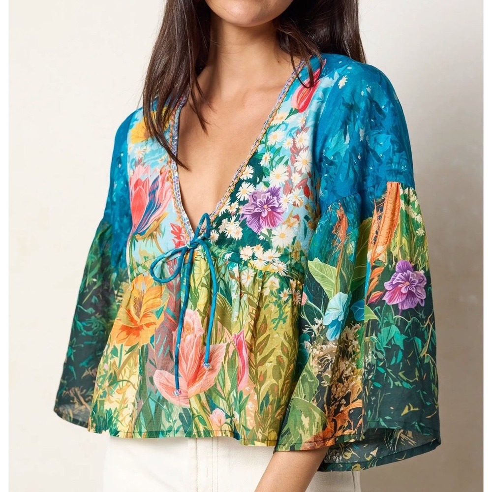 NWT Natural Life Isabella Blue Whimsical Garden Floral Sequin Cotton Top Size XL